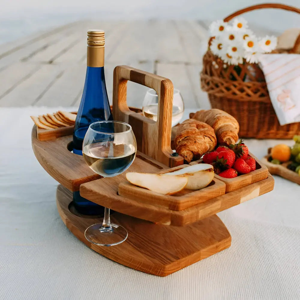 Picnic Table Foldable Wood Wine & Snack Compartments