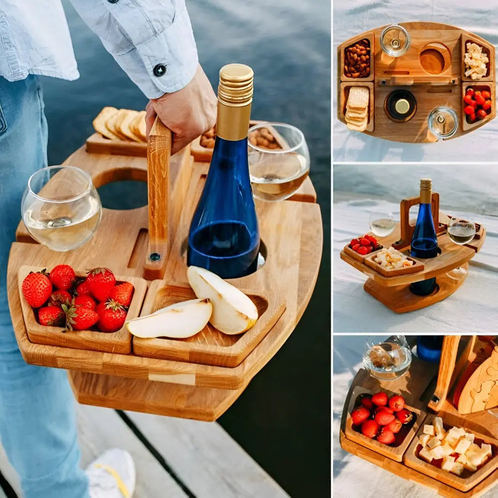 Picnic Table Foldable Wood Wine & Snack Compartments