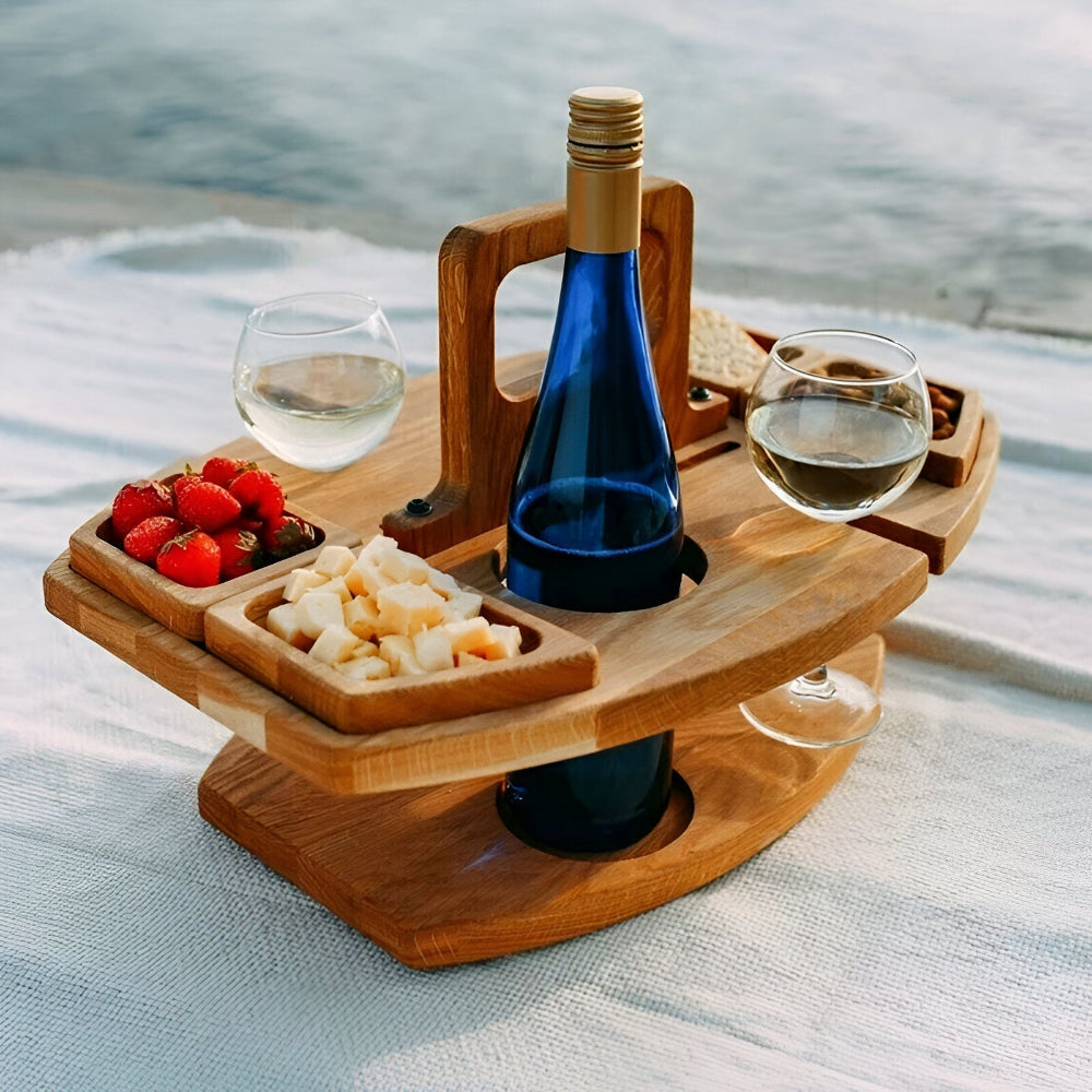 Picnic Table Foldable Wooden Wine & Bottle Holders
