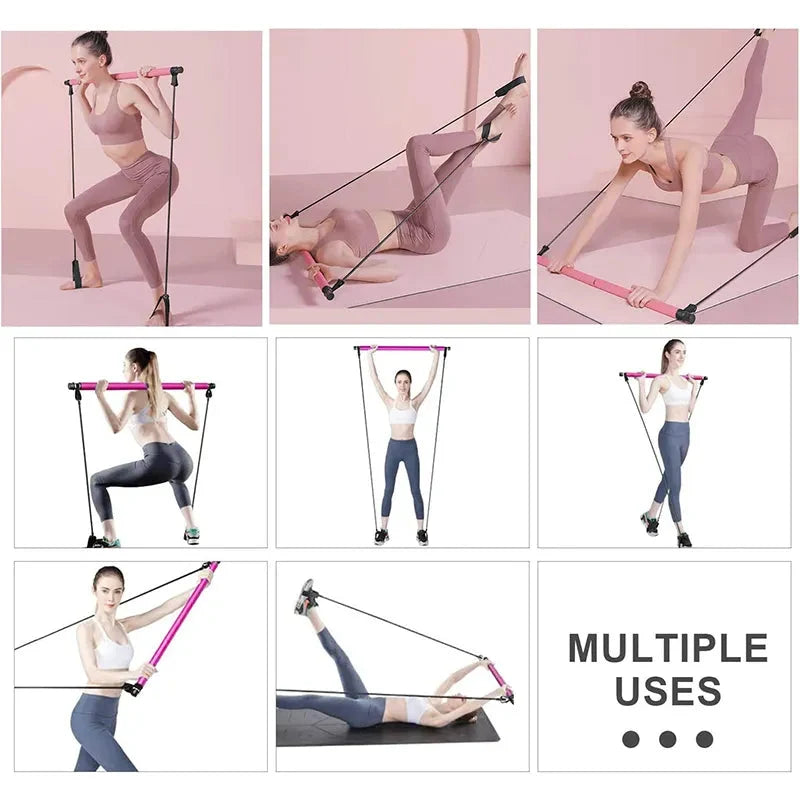 Pilates Bar Integrated Bands Adjustable Tension Travel Friendly