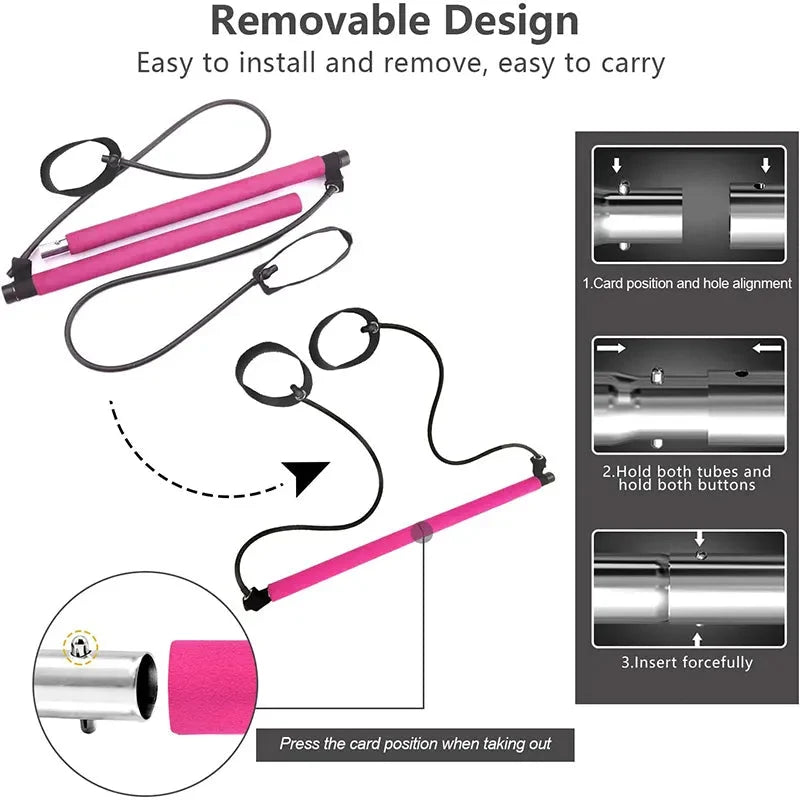 Pilates Bar Integrated Bands Adjustable Tension Travel Friendly