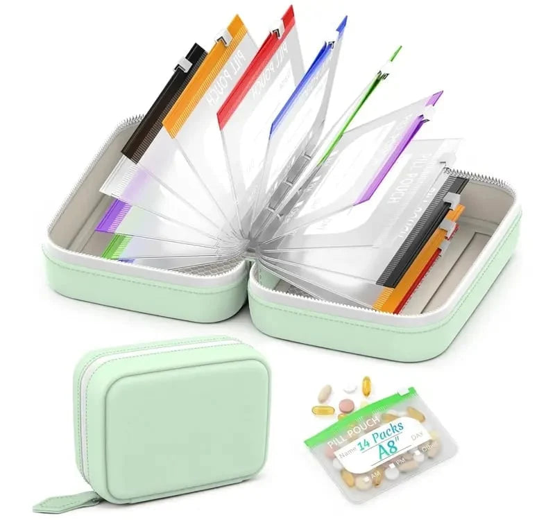 Pill Organizer 14 Labelable Pouches Water-Resistant Faux Leather Case