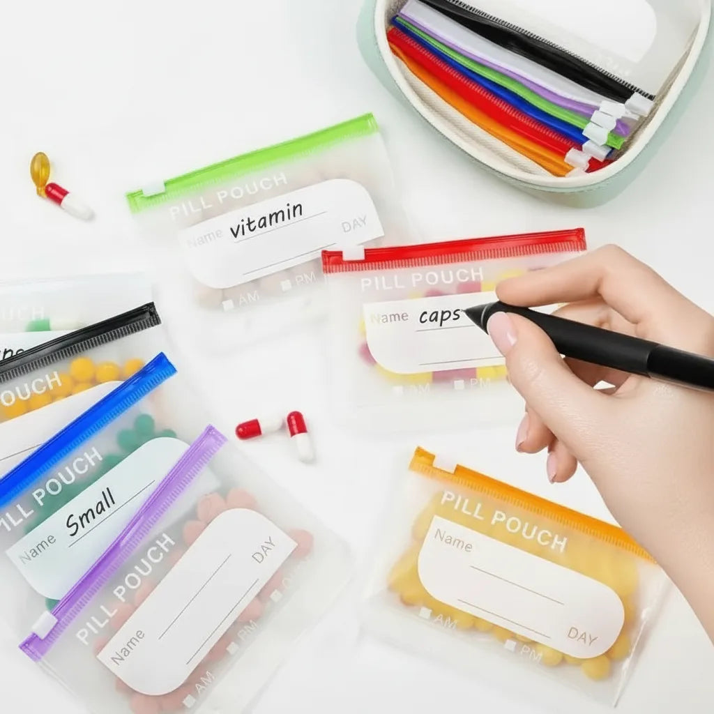 Pill Organizer 14 Labelable Pouches Water-Resistant Faux Leather Case