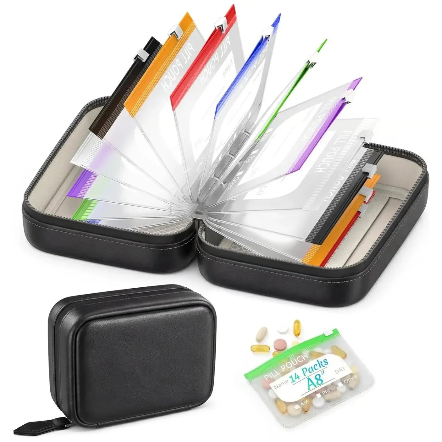 Pill Organizer 14 Labelable Pouches Water-Resistant Faux Leather Case