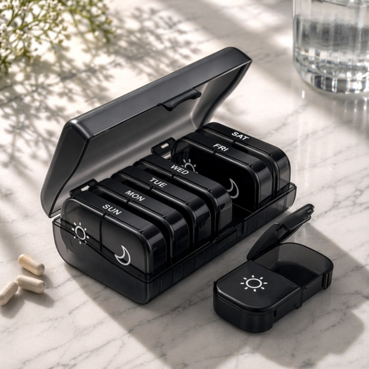 Pill Organizer Full-Open Lid AM/PM Compartments BPA-Free