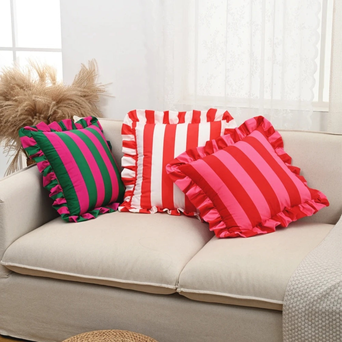Pillow Cover Ruffled Edge Wide Stripes Microfiber