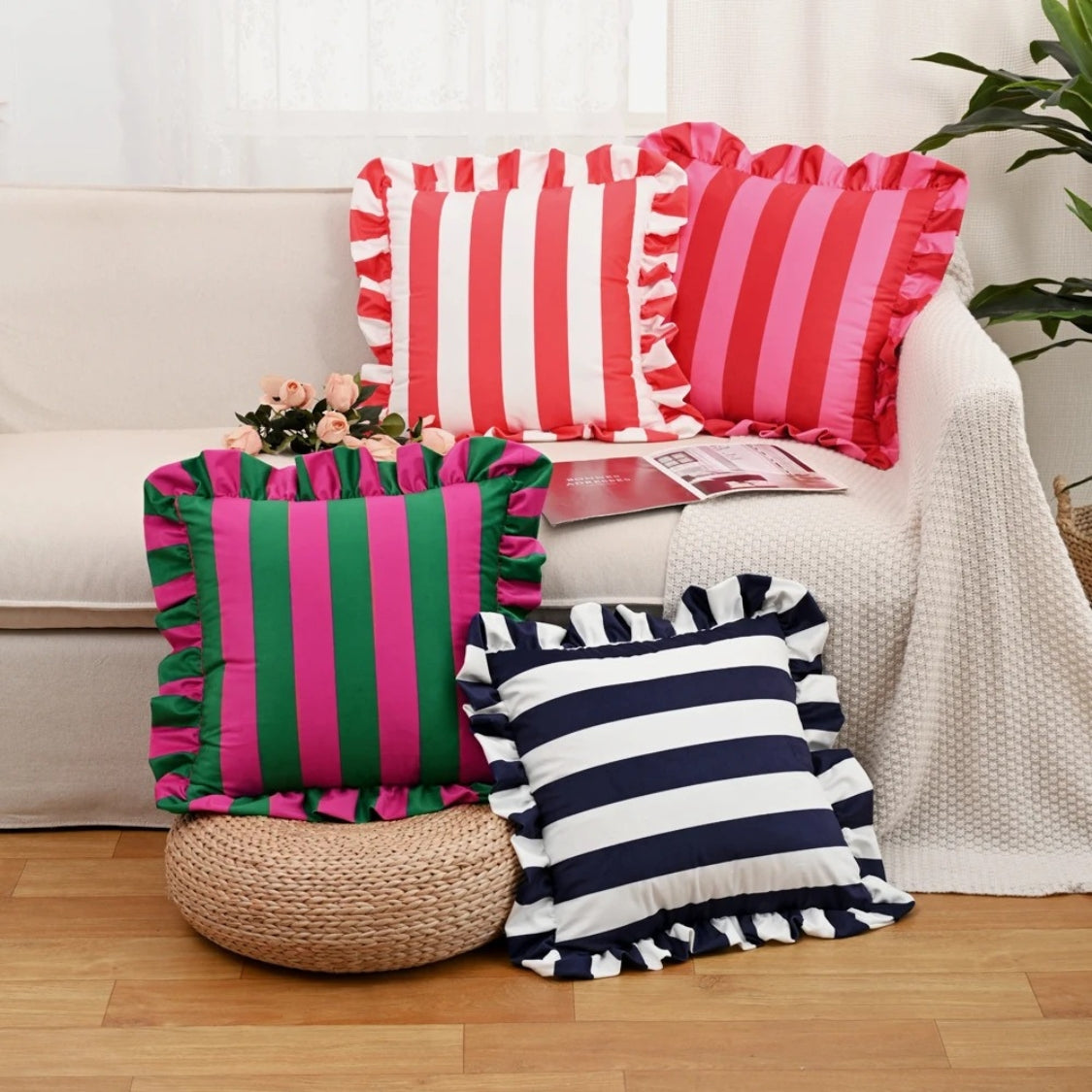 Pillow Cover Ruffled Edge Wide Stripes Microfiber