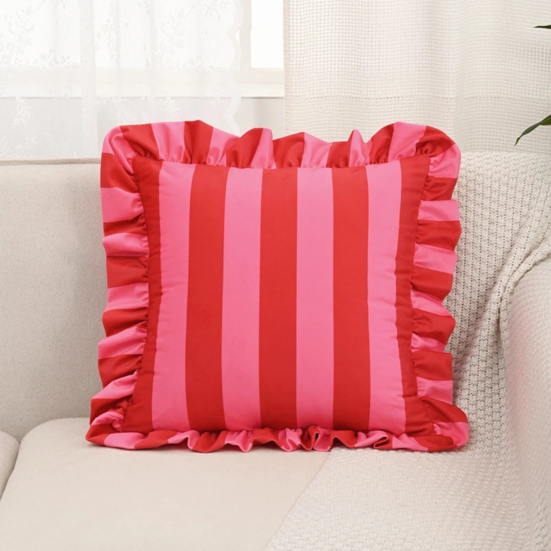 Pillow Cover Ruffled Edge Wide Stripes Microfiber