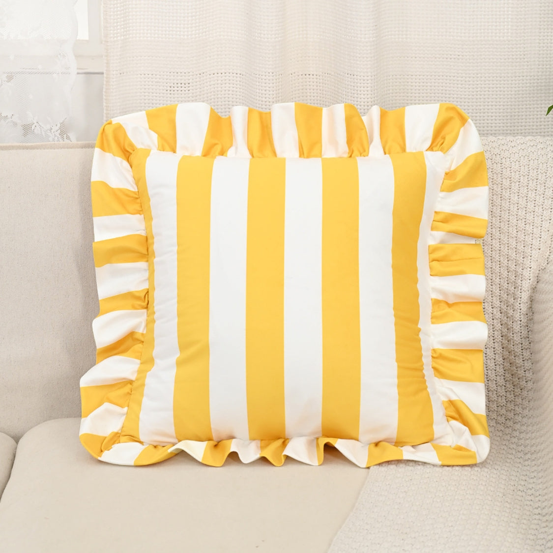 Pillow Cover Ruffled Edge Wide Stripes Microfiber