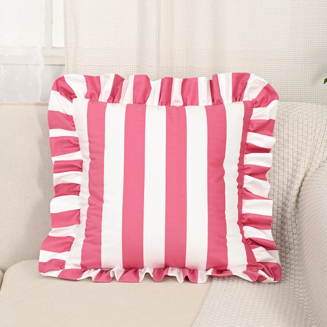 Pillow Cover Ruffled Edge Wide Stripes Microfiber