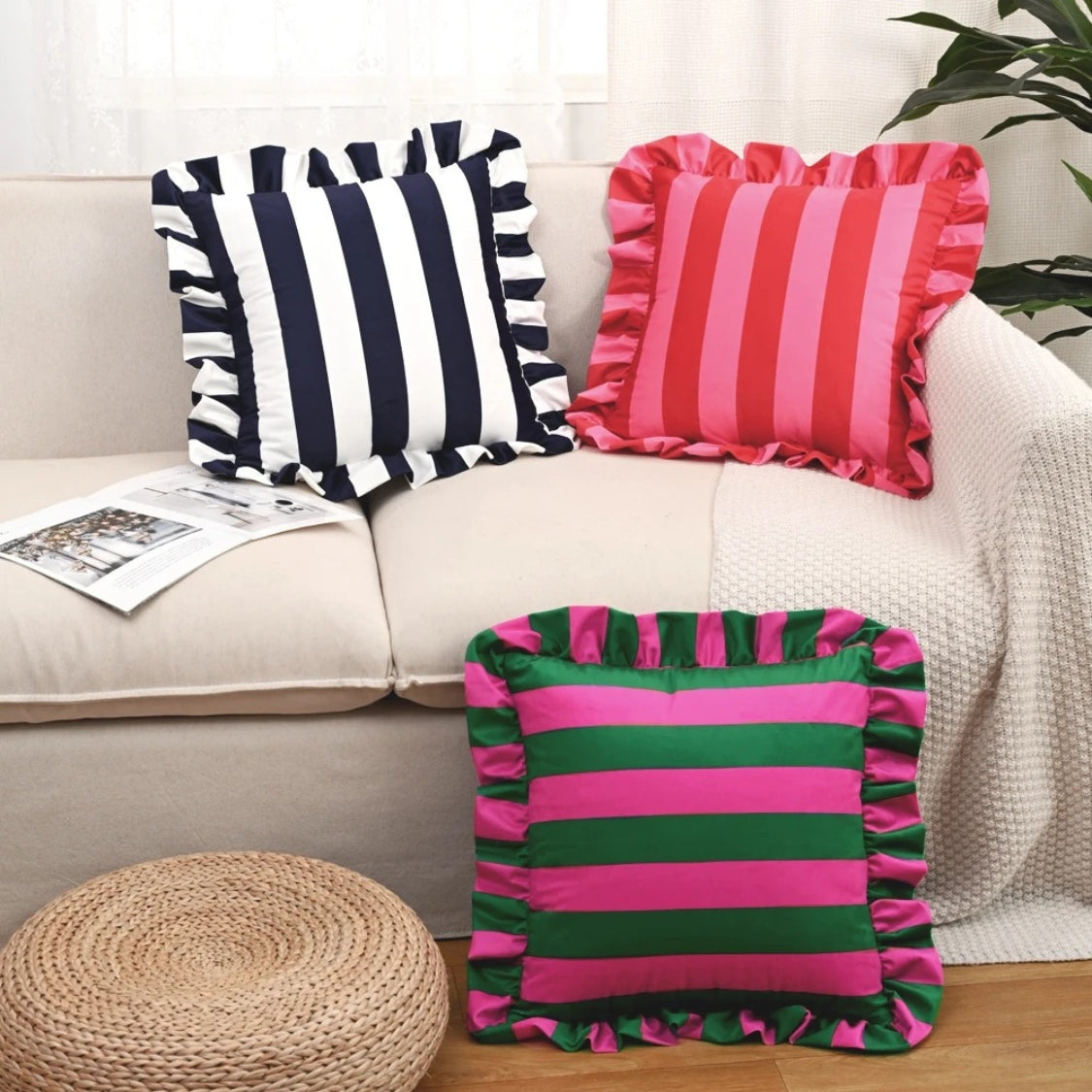 Pillow Cover Ruffled Edge Wide Stripes Microfiber