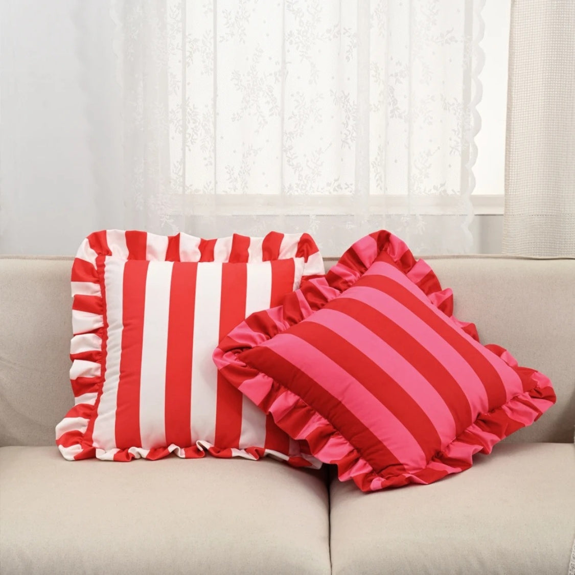 Pillow Cover Ruffled Edge Wide Stripes Microfiber