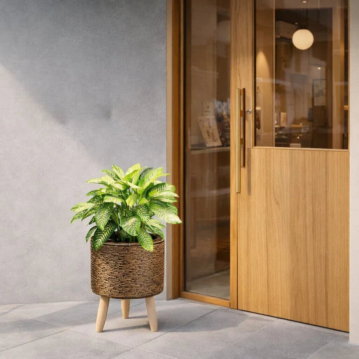 Plant Pot Wooden Feet Woven Design Removable Inner Insert