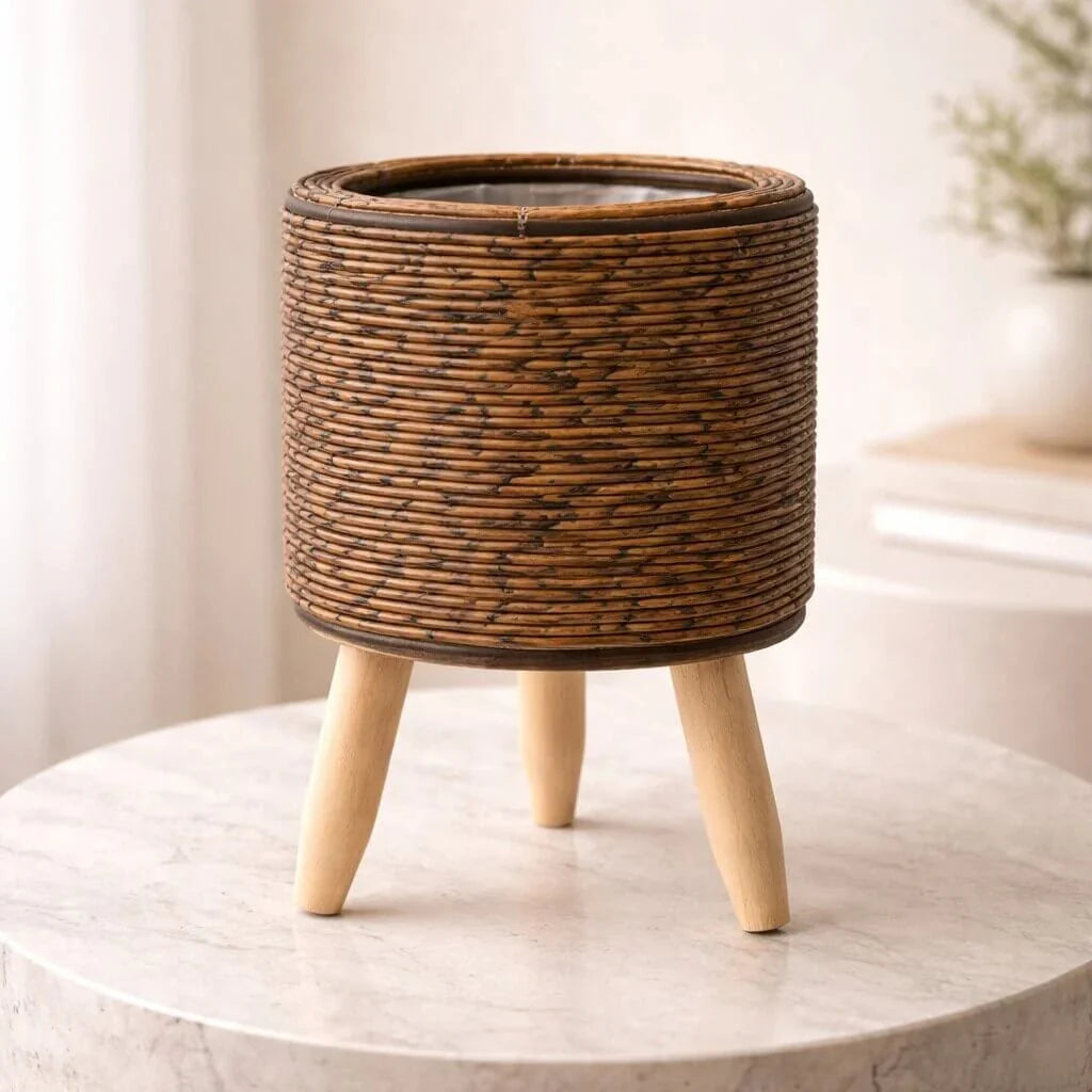Plant Pot Wooden Feet Woven Design Removable Inner Insert