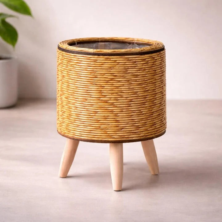 Plant Pot Wooden Feet Woven Design Removable Inner Insert