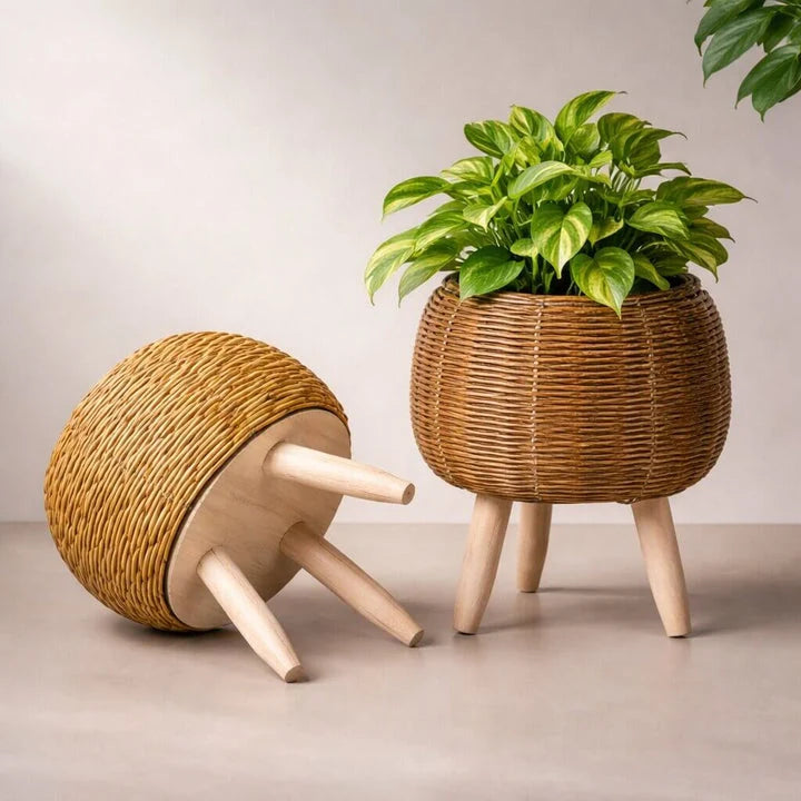 Plant Pot Wooden Feet Woven Design Removable Inner Insert