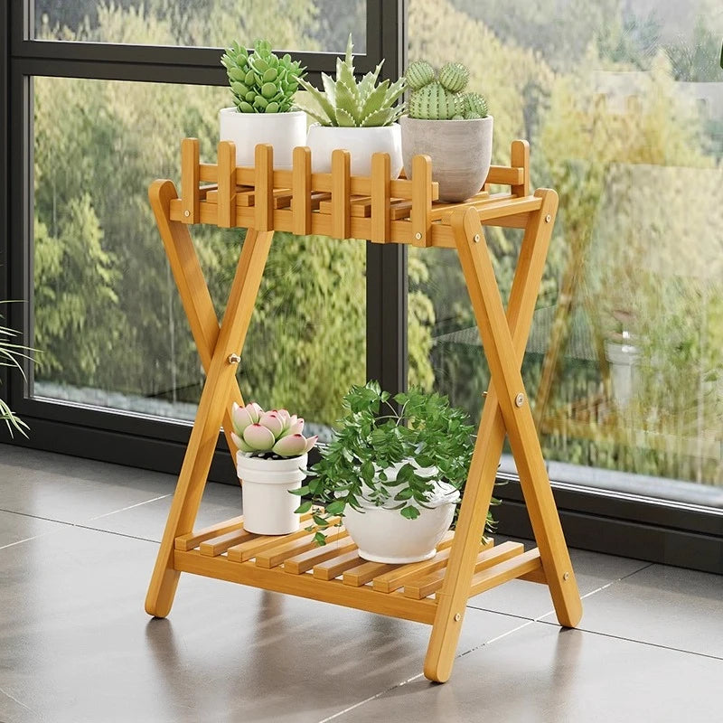 Plant Shelf Two-Tier Bamboo X-Frame Decorative Fence