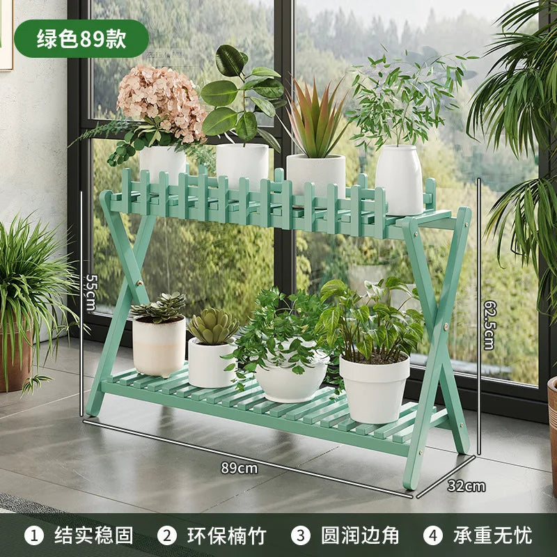 Plant Shelf Two-Tier Bamboo X-Frame Decorative Fence