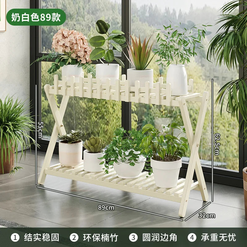 Plant Shelf Two-Tier Bamboo X-Frame Decorative Fence