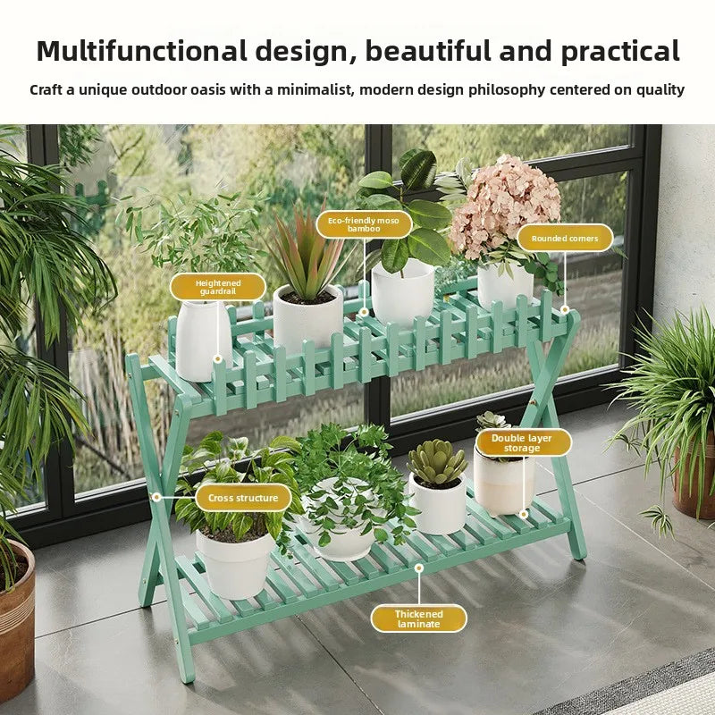 Plant Shelf Two-Tier Bamboo X-Frame Decorative Fence