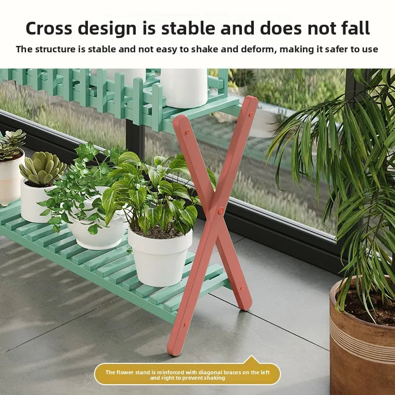 Plant Shelf Two-Tier Bamboo X-Frame Decorative Fence