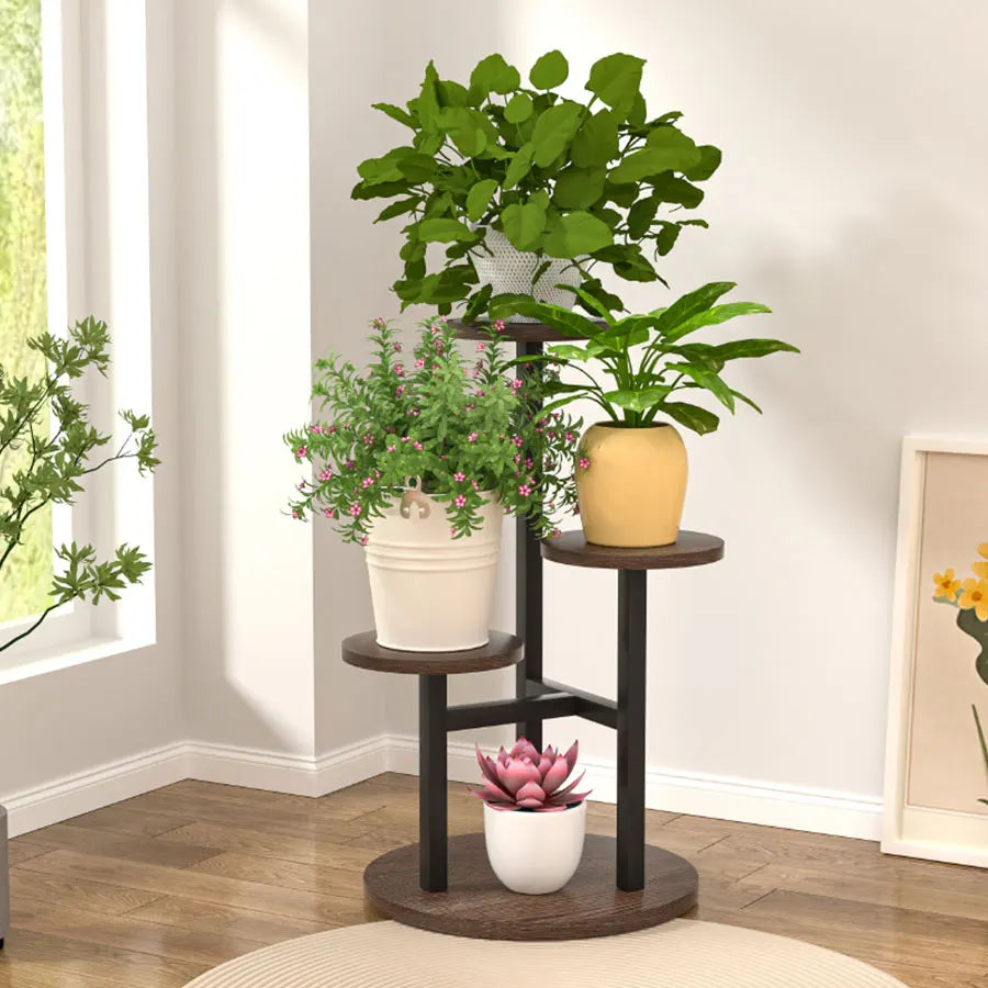 Plant Shelf Wooden Round Shelves & Metal Frame