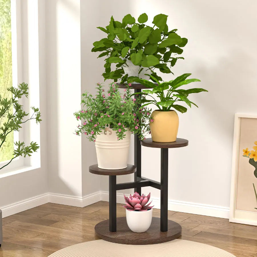 Plant Stand 4-Tier Round Wooden Shelves & Metal Frame