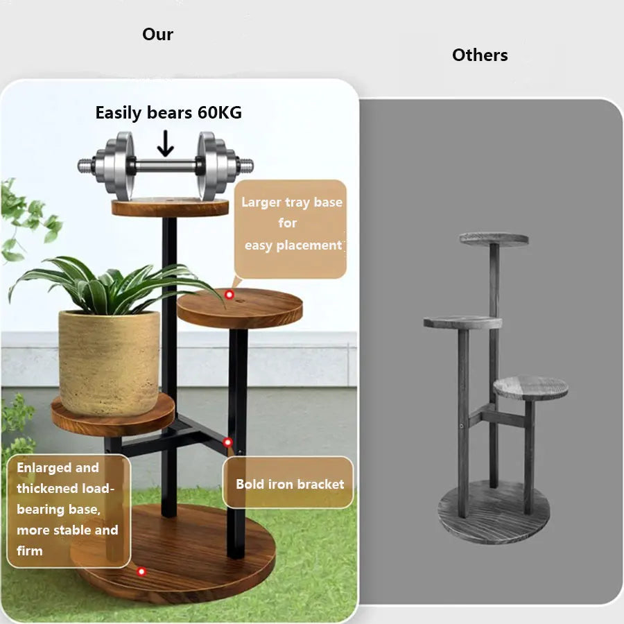 Plant Stand 4-Tier Round Wooden Shelves & Metal Frame