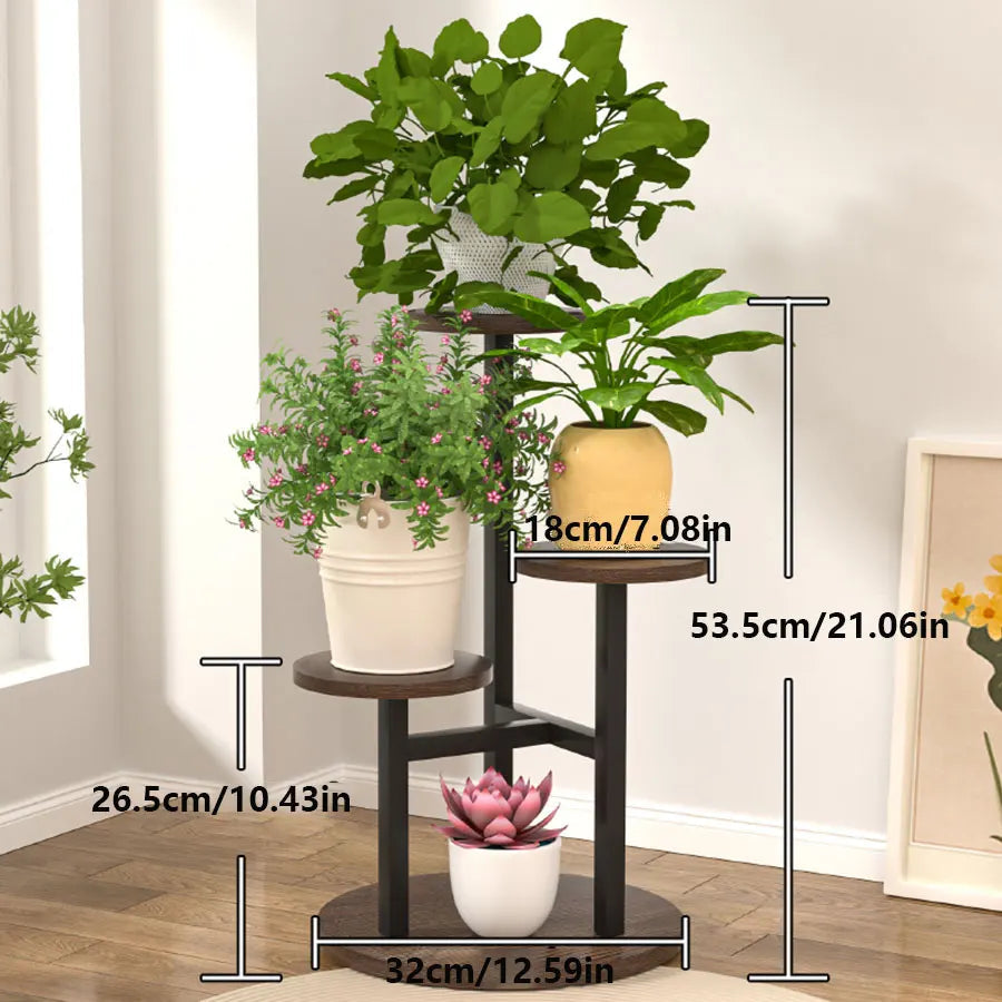 Plant Stand 4-Tier Round Wooden Shelves & Metal Frame