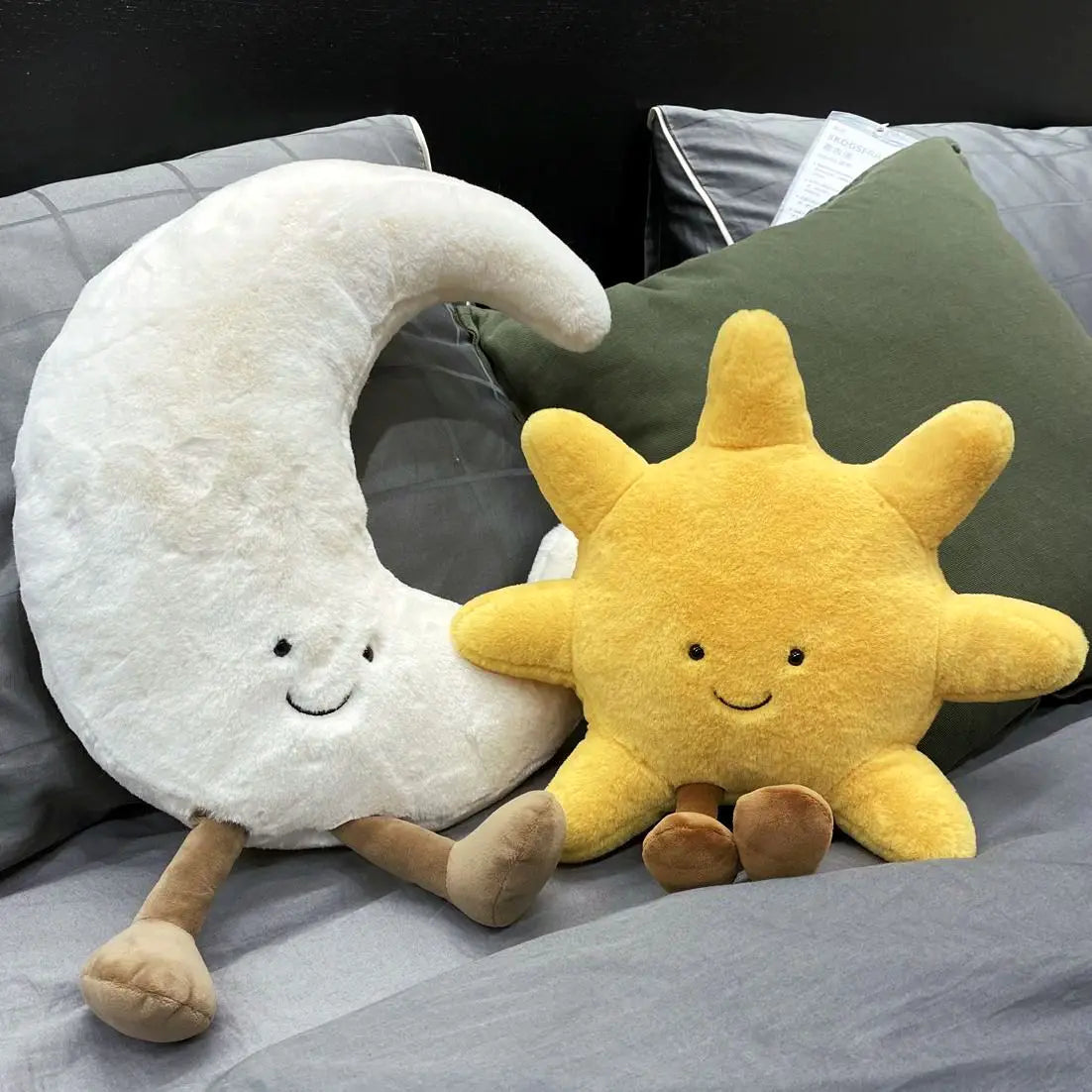 Plush Cushion Moon & Sun Embroidered Faces Standing Legs