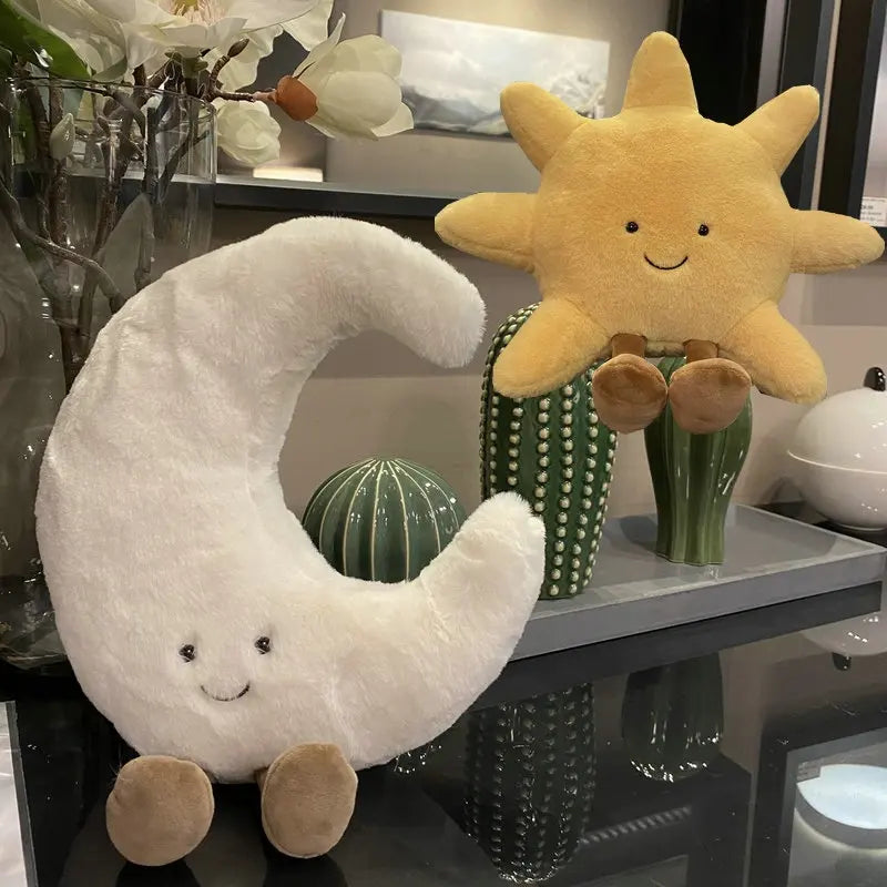 Plush Cushion Moon & Sun Embroidered Faces Standing Legs