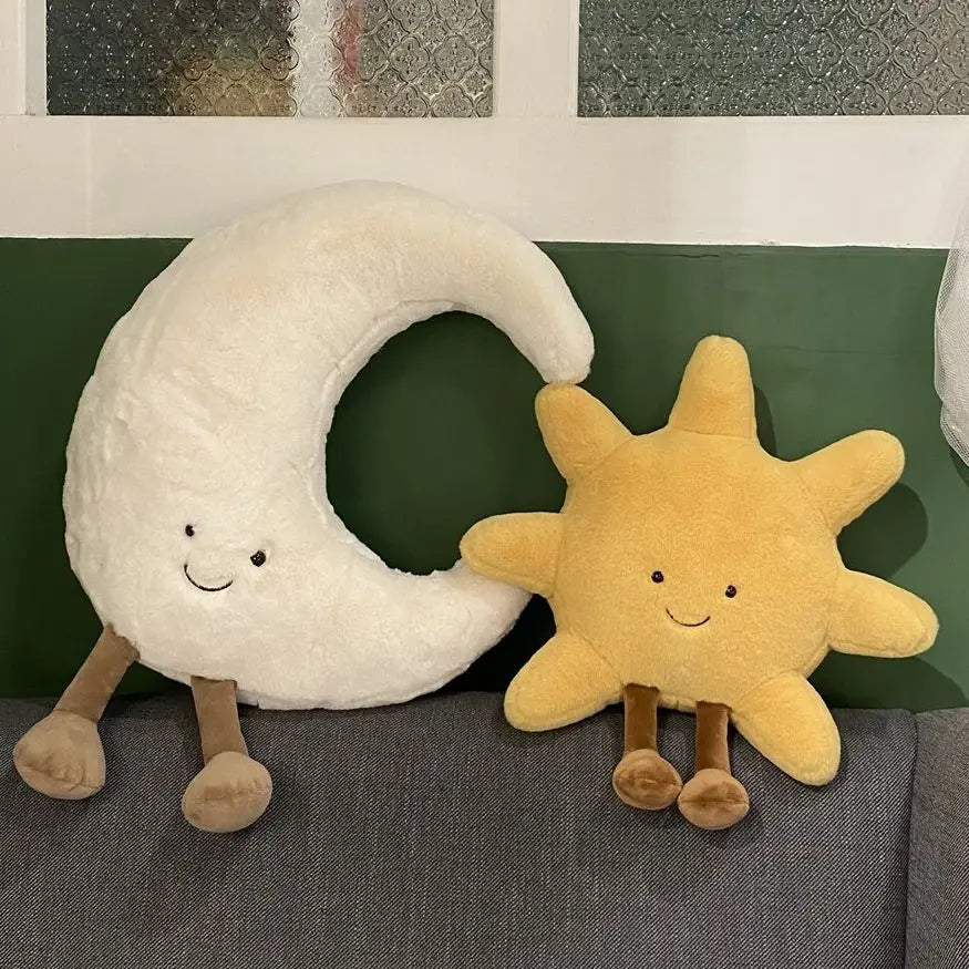 Plush Cushion Moon & Sun Embroidered Faces Standing Legs