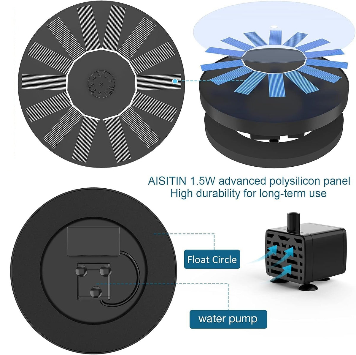 Pond Fountain Solar-Powered Floating Interchangeable Nozzles