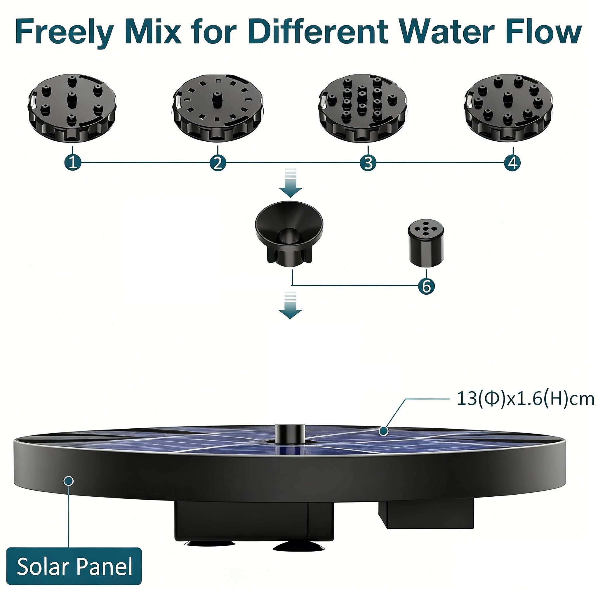 Pond Fountain Solar-Powered Floating Interchangeable Nozzles