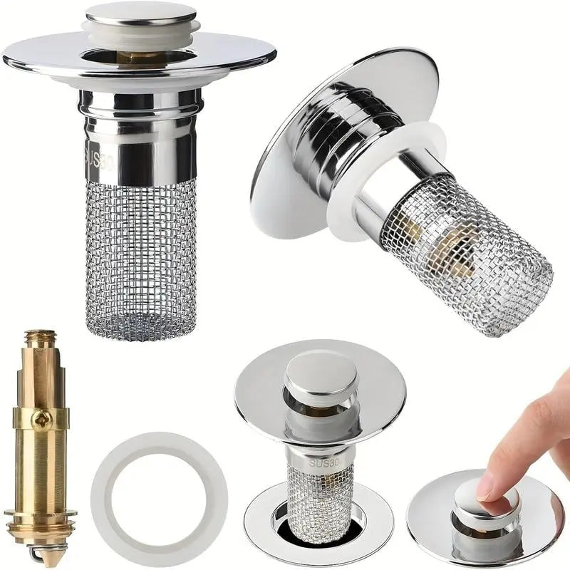 Pop-Up Drain Stopper Solid Brass Tap-To-Operate Hair Catcher