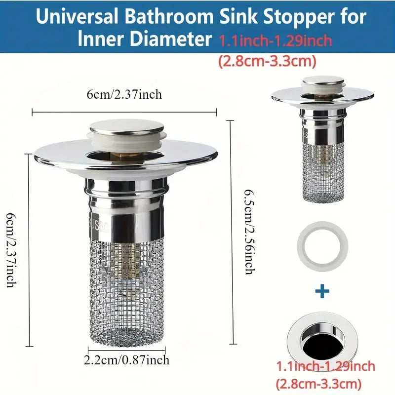 Pop-Up Drain Stopper Solid Brass Tap-To-Operate Hair Catcher