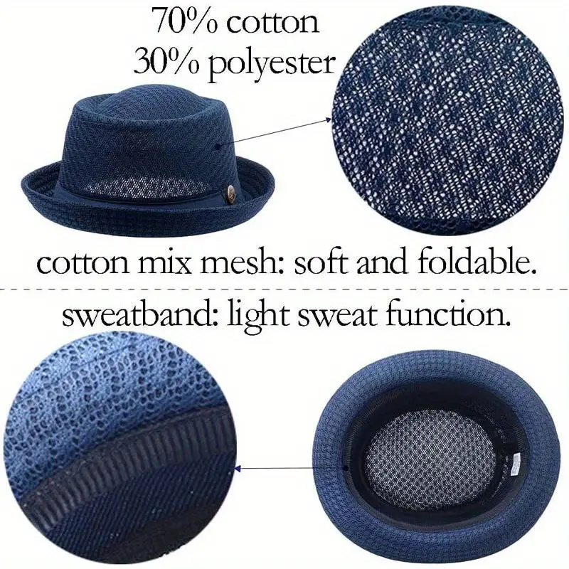 Pork Pie Hat Breathable Polyester Mesh Sweat Absorbing Band