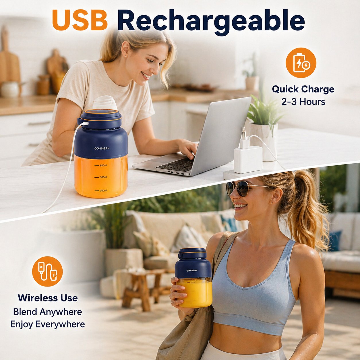 Portable Blender USB Rechargeable Glass 27 Fl Oz