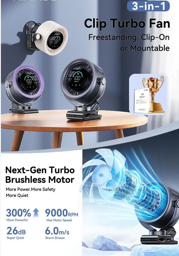 Portable Clip Fan 3-In-1 Rechargeable 12-Hour Runtime