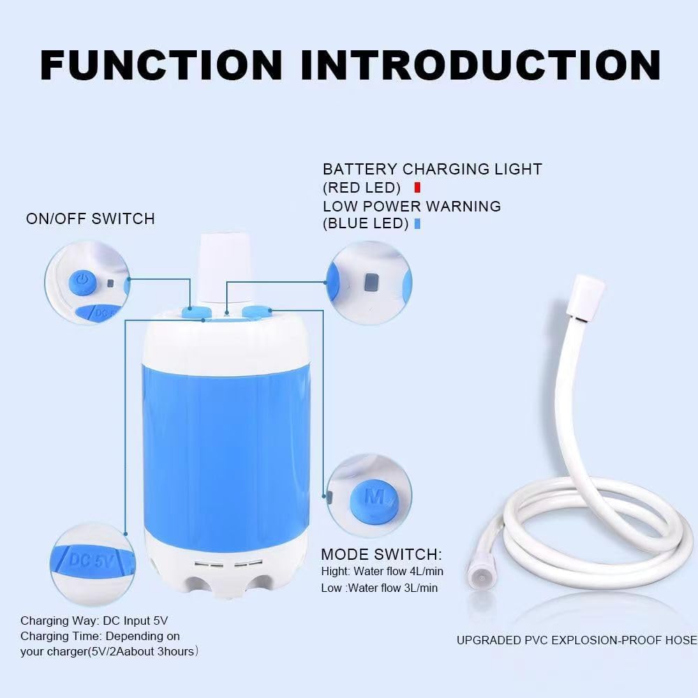 Portable Shower Rechargeable USB Adjustable Spray & Shut-Off Valve