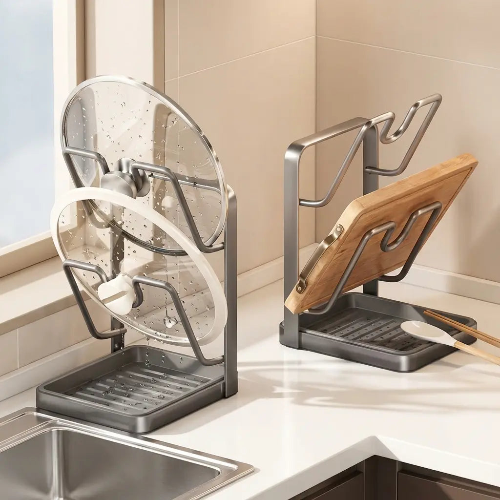 Pot Lid Holder Two-Tier U-Shaped Slots Removable Drip Tray
