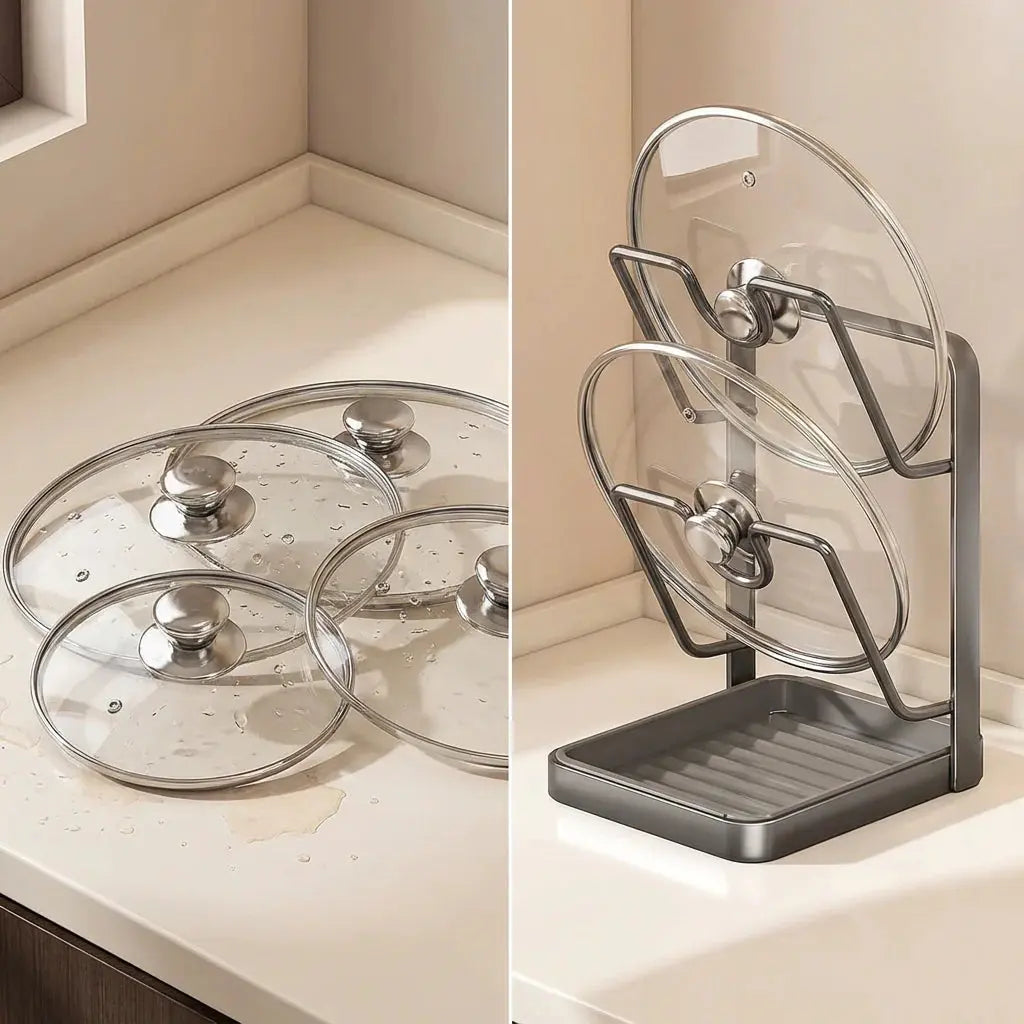 Pot Lid Holder Two-Tier U-Shaped Slots Removable Drip Tray