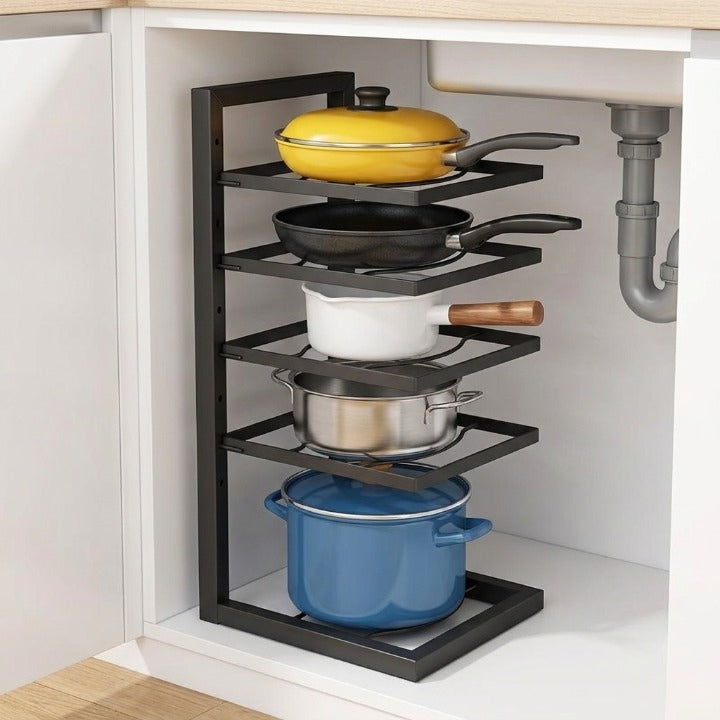Pot and Pan Rack Adjustable Shelves & Reinforced Carbon Steel