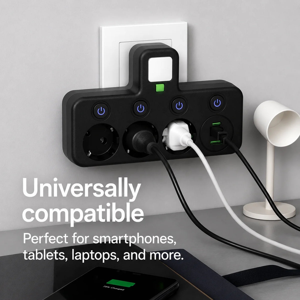Power Strip 3 Schuko 2 USB USB-C Surge Protection