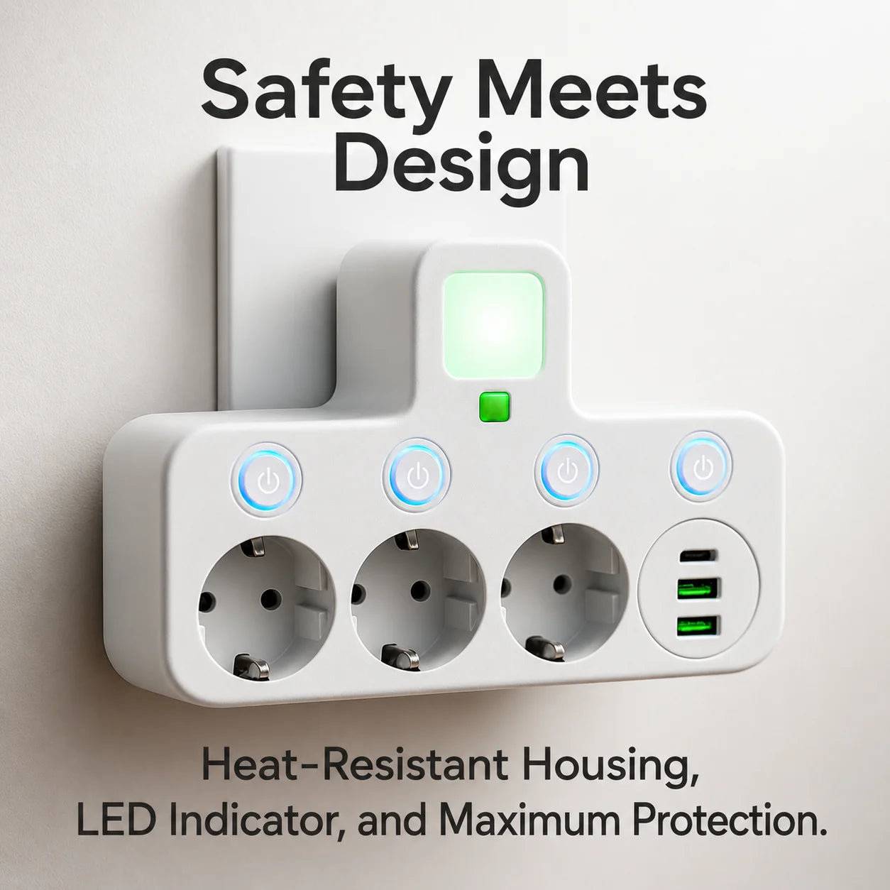 Power Strip 3 Schuko 2 USB USB-C Surge Protection