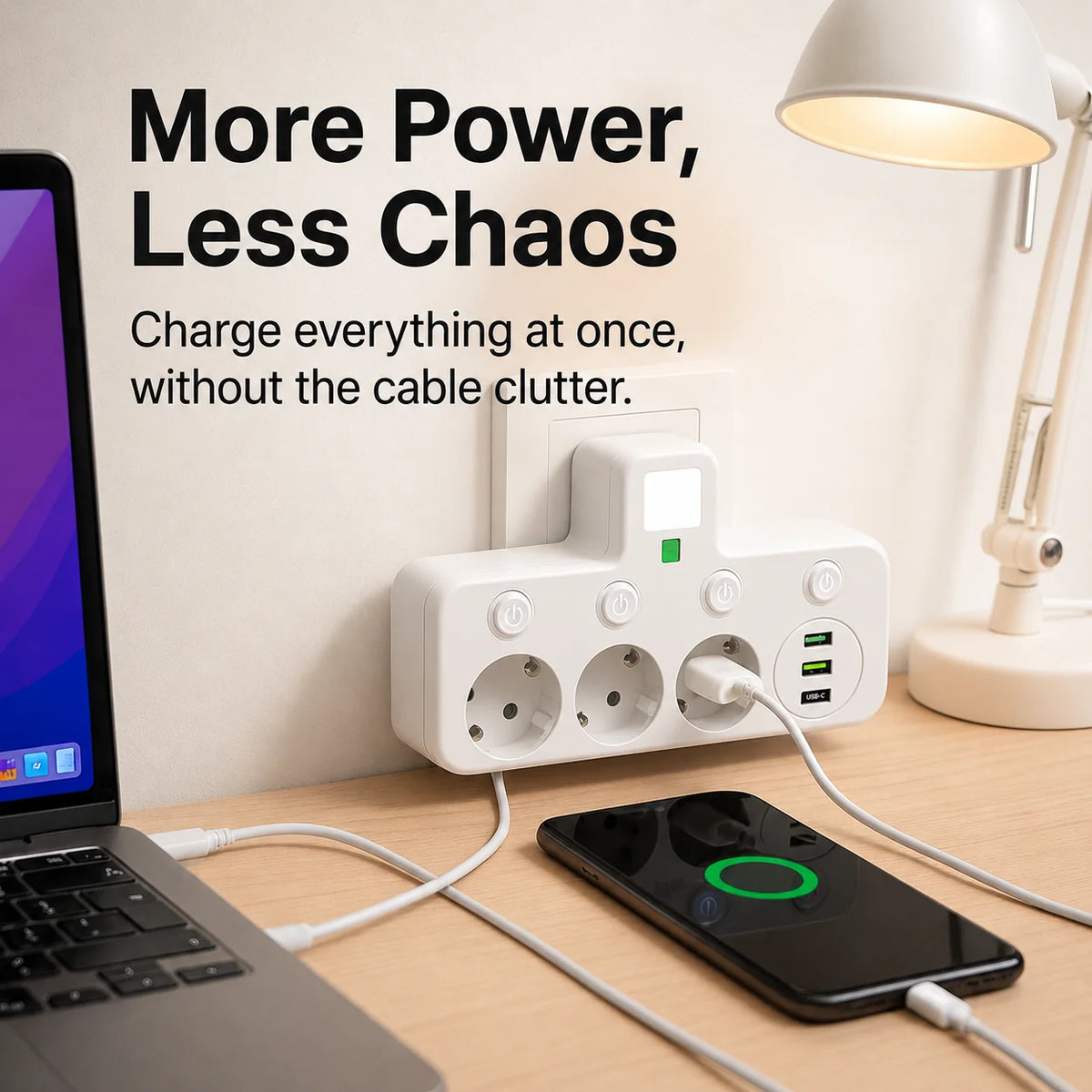 Power Strip 3 Schuko 2 USB USB-C Surge Protection
