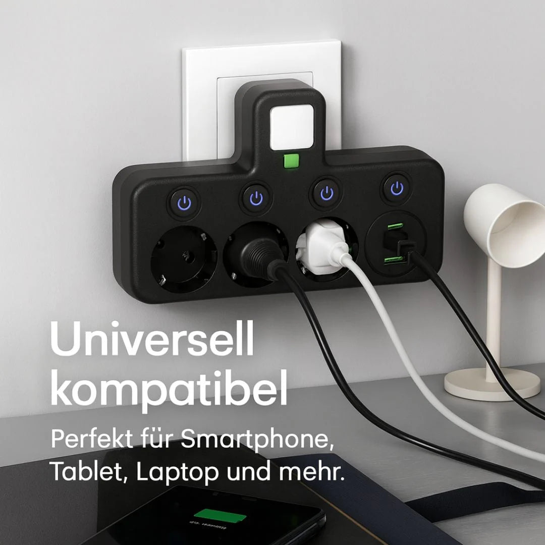 Power Strip 3 Schuko Sockets USB-A & USB-C Surge Protection