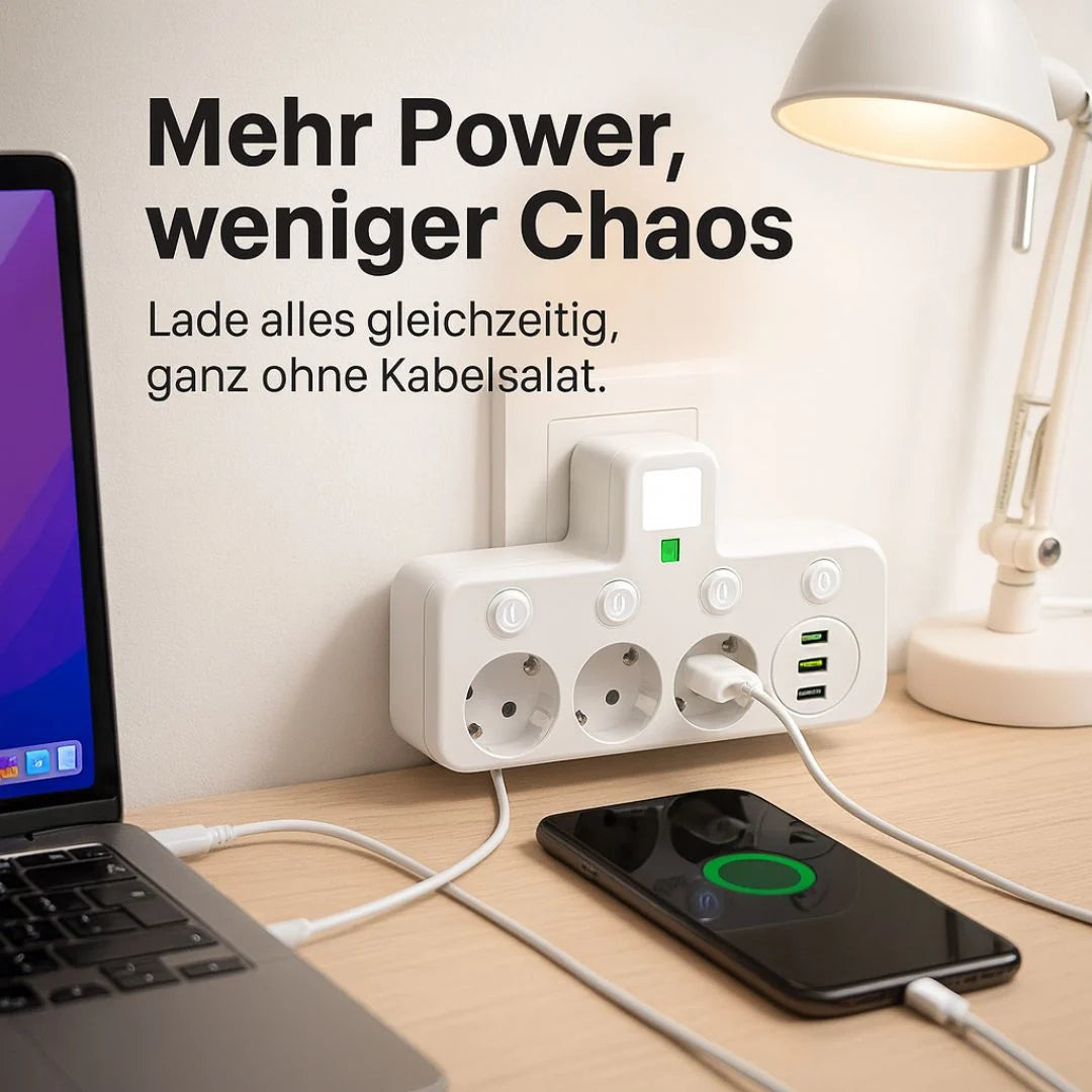 Power Strip 3 Schuko Sockets USB-A & USB-C Surge Protection