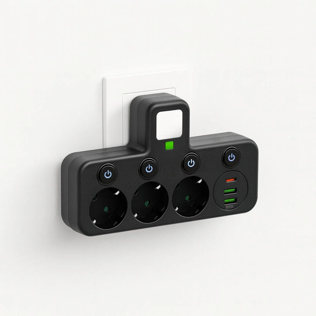 Power Strip 3 Schuko Sockets USB-A & USB-C Surge Protection