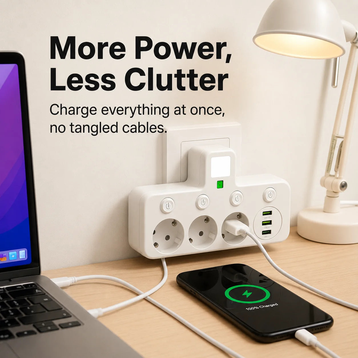 Power Strip 3 Sockets USB & Type-C Surge Protection